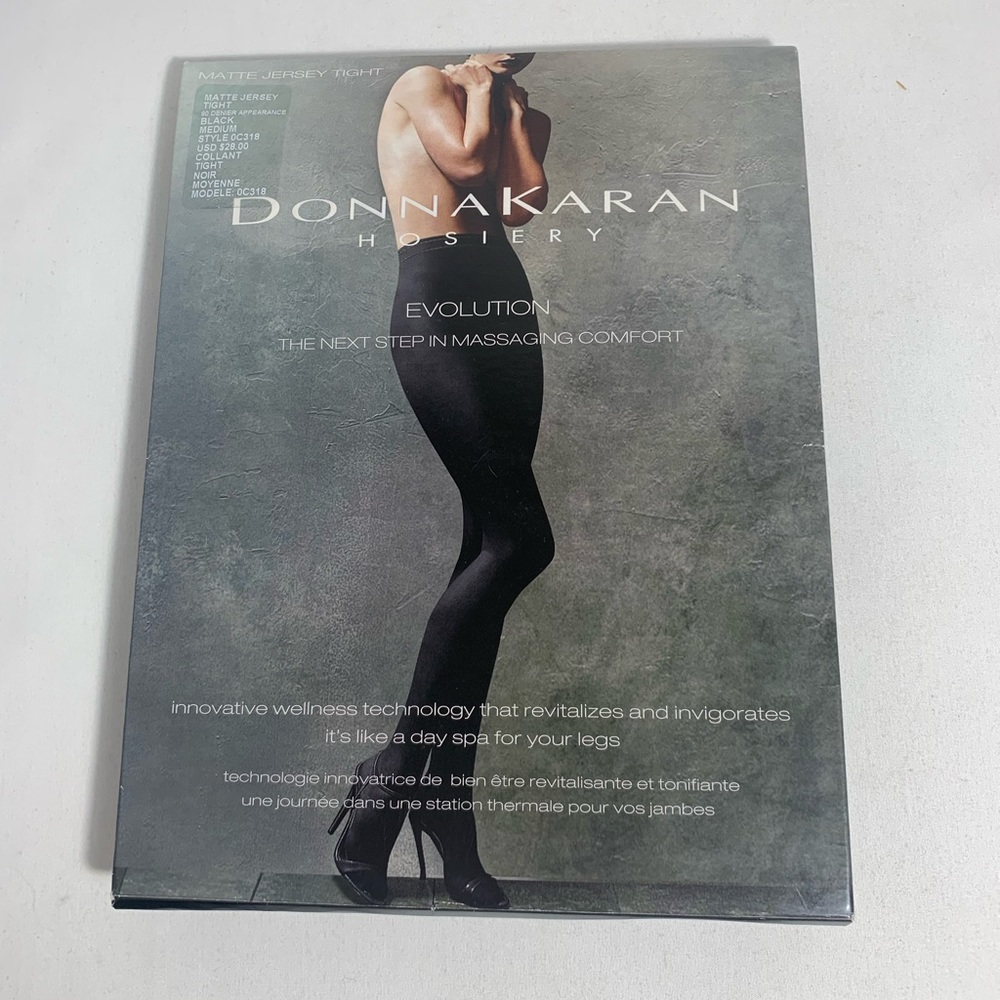 Donna Karan Evolution Matte Jersey Tight Footed Black Pantyhose Med 0C318 NIB